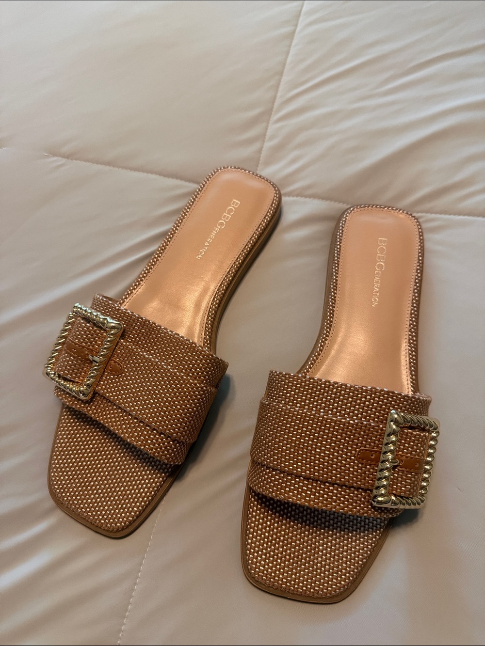 BCBGeneration Tan Woven Slide Mules with Gold Buckles